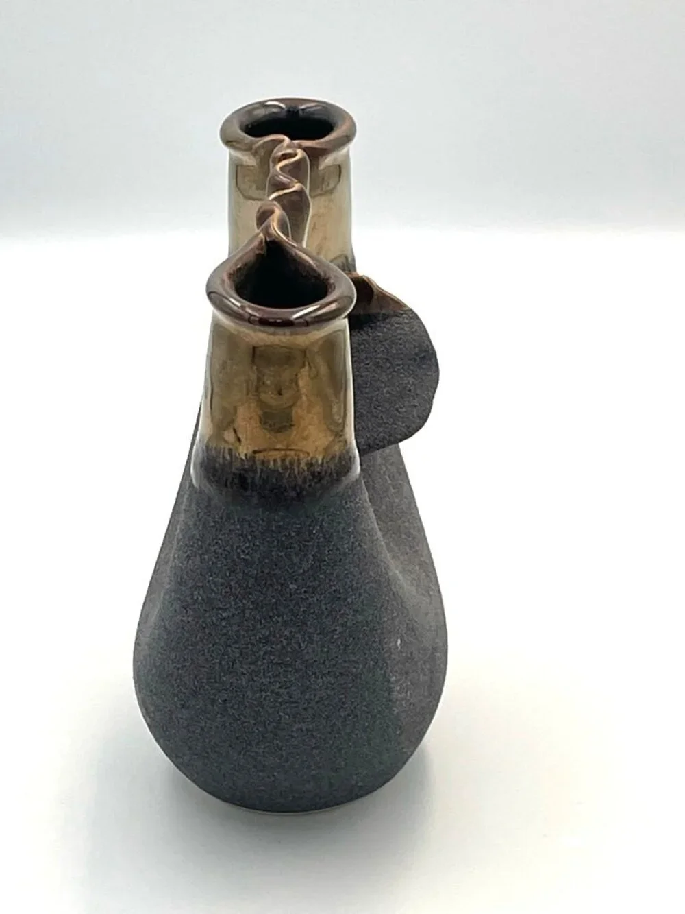 Vtg Raku Ceramic Pottery‎ Vase Textured Matte Black Base & Metallic Glazed Rim